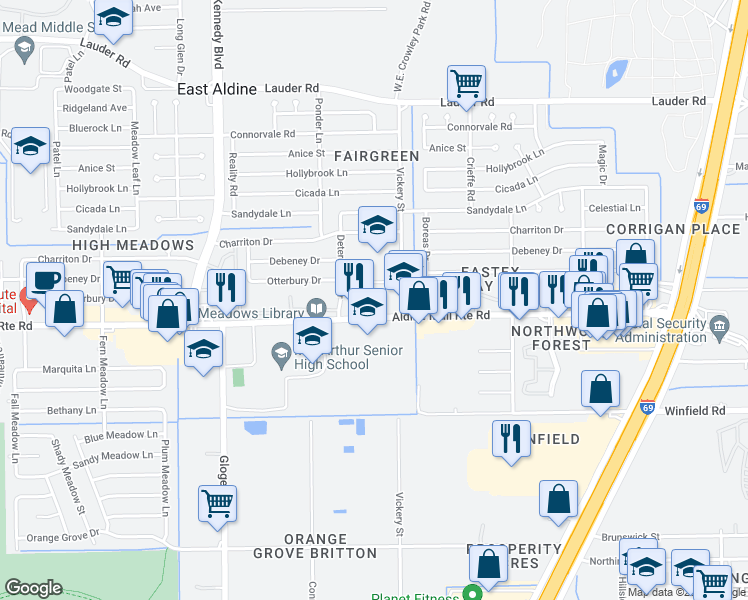 map of restaurants, bars, coffee shops, grocery stores, and more near 12345 Vickery Street in Houston
