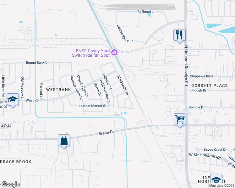 map of restaurants, bars, coffee shops, grocery stores, and more near 7515 Glassblower Lane in Houston
