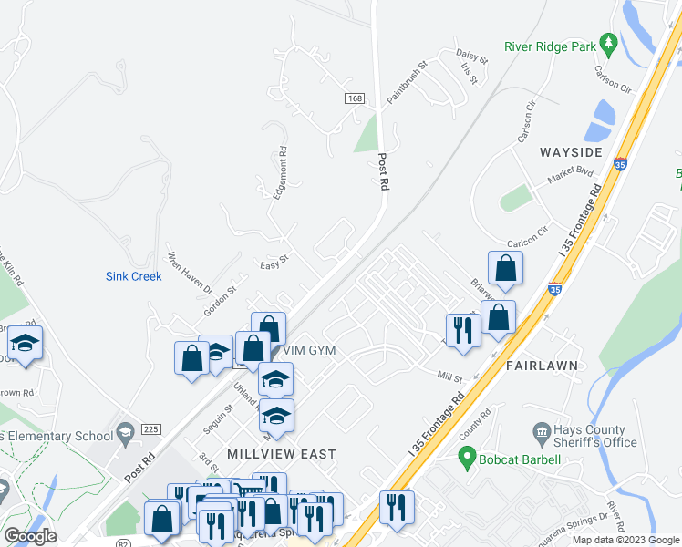 map of restaurants, bars, coffee shops, grocery stores, and more near 1647 Post Road in San Marcos