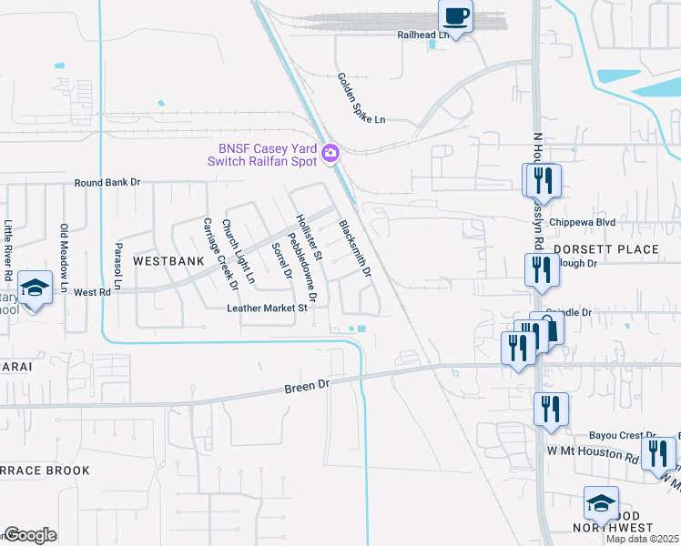 map of restaurants, bars, coffee shops, grocery stores, and more near 7515 Glassblower Lane in Houston