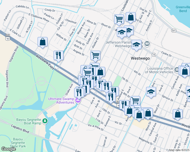 map of restaurants, bars, coffee shops, grocery stores, and more near 259 Laroussini Street in Westwego