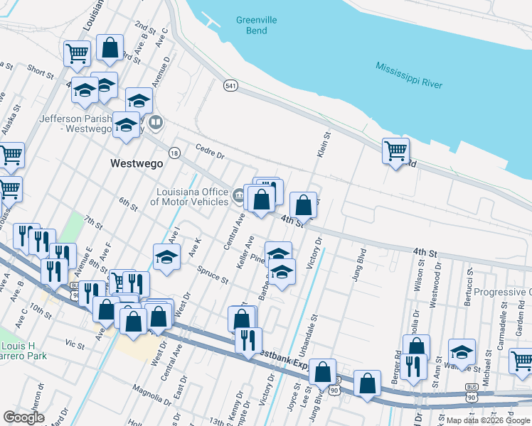map of restaurants, bars, coffee shops, grocery stores, and more near 1215 4th Street in Westwego