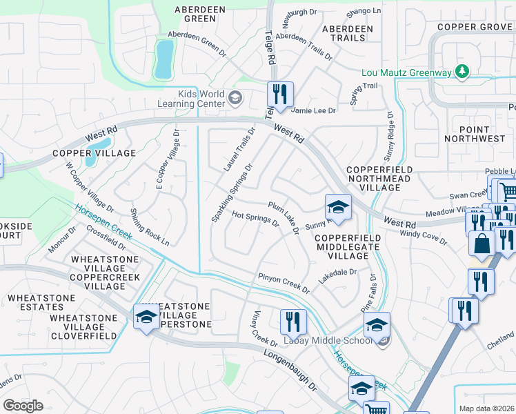 map of restaurants, bars, coffee shops, grocery stores, and more near 8631 Plum Lake Drive in Houston