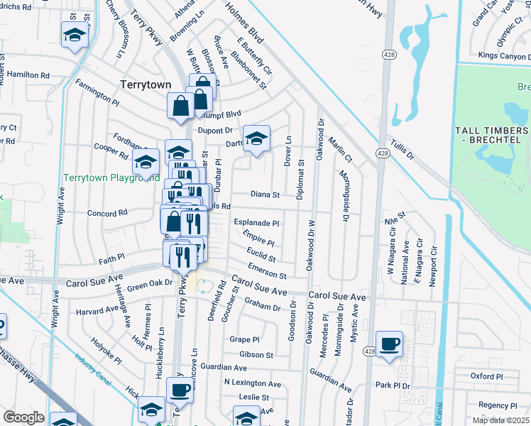 map of restaurants, bars, coffee shops, grocery stores, and more near 2125 Daniels Road in Terrytown