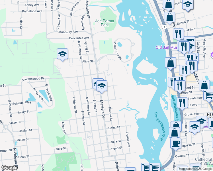 map of restaurants, bars, coffee shops, grocery stores, and more near 174 Palmer Street in St. Augustine