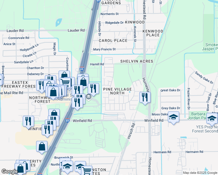 map of restaurants, bars, coffee shops, grocery stores, and more near 12311 West Village Drive in Houston
