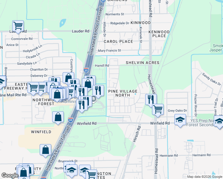 map of restaurants, bars, coffee shops, grocery stores, and more near 12311 West Village Drive in Houston