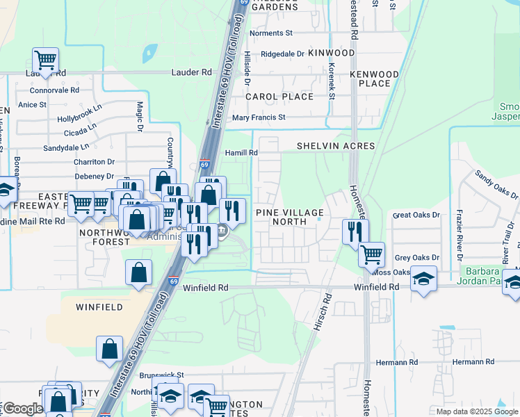 map of restaurants, bars, coffee shops, grocery stores, and more near 12311 West Village Drive in Houston