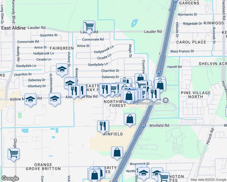 map of restaurants, bars, coffee shops, grocery stores, and more near 4926 Otterbury Drive in Houston
