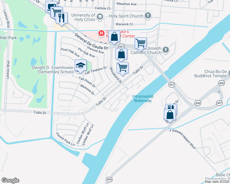 map of restaurants, bars, coffee shops, grocery stores, and more near 5845 Tullis Drive in New Orleans