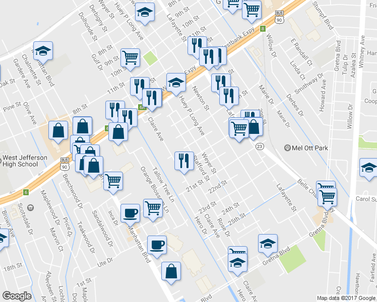map of restaurants, bars, coffee shops, grocery stores, and more near 1808 Stafford Street in Gretna