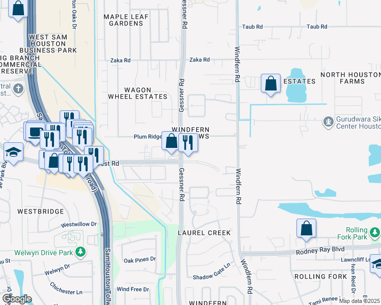 map of restaurants, bars, coffee shops, grocery stores, and more near 8790 West Road in Houston