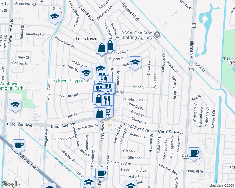 map of restaurants, bars, coffee shops, grocery stores, and more near 552 Dunbar Place in Terrytown
