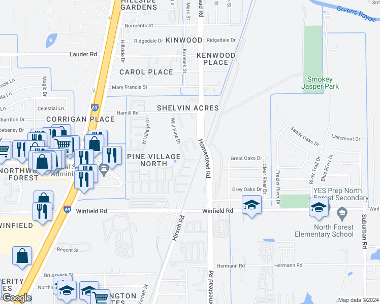 map of restaurants, bars, coffee shops, grocery stores, and more near 5822 Twisted Pine Court in Houston