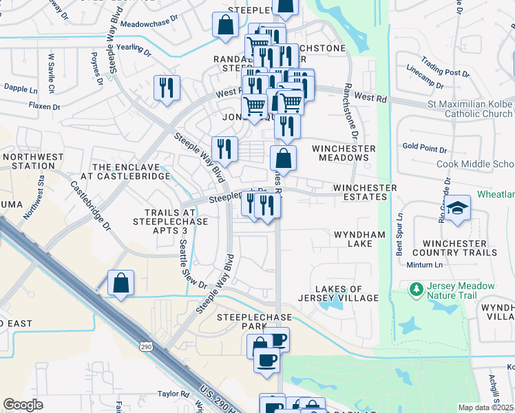 map of restaurants, bars, coffee shops, grocery stores, and more near 8901 Jones Road in Houston