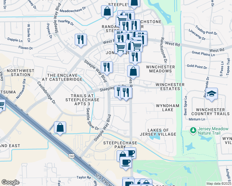 map of restaurants, bars, coffee shops, grocery stores, and more near 8901 Jones Road in Houston