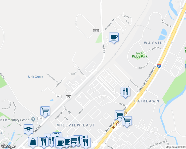 map of restaurants, bars, coffee shops, grocery stores, and more near 1647 Post Road in San Marcos