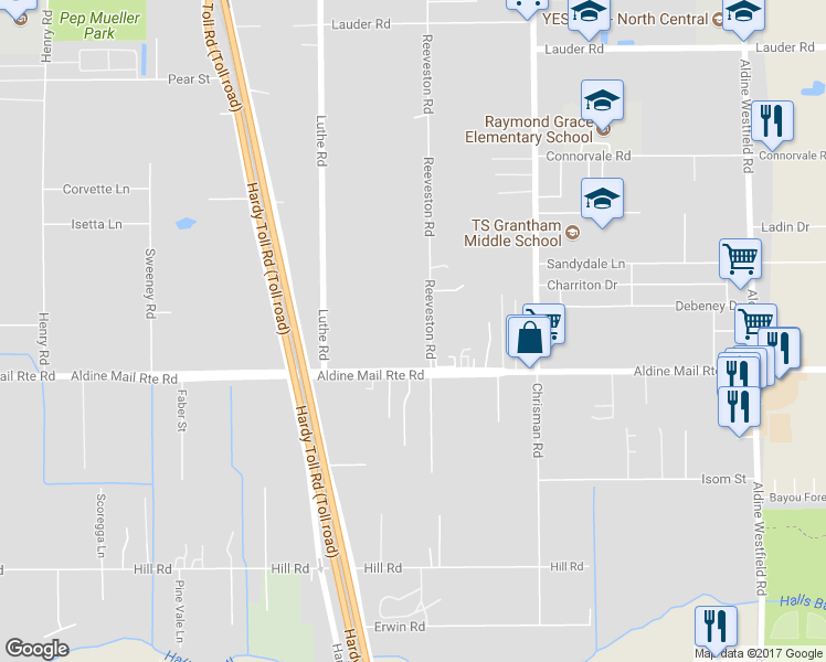 map of restaurants, bars, coffee shops, grocery stores, and more near 13105 Reeveston Road in Houston