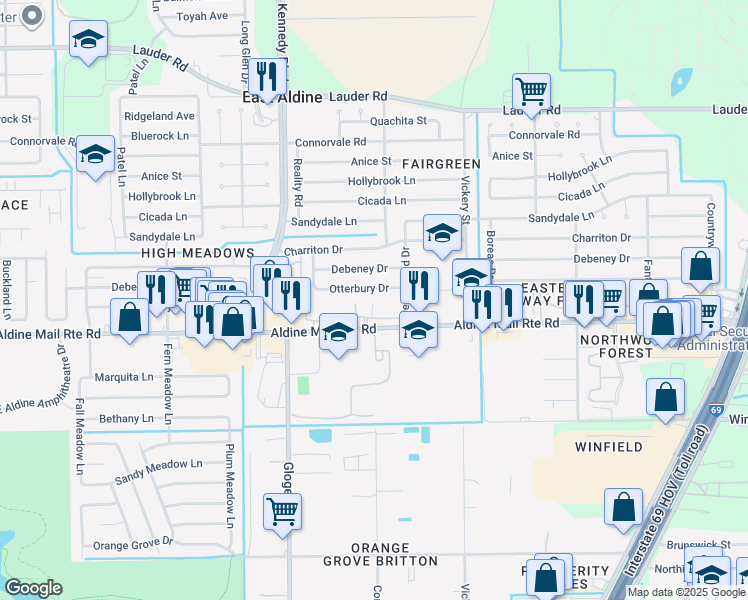 map of restaurants, bars, coffee shops, grocery stores, and more near 4505 Aldine Mail Route Road in Houston