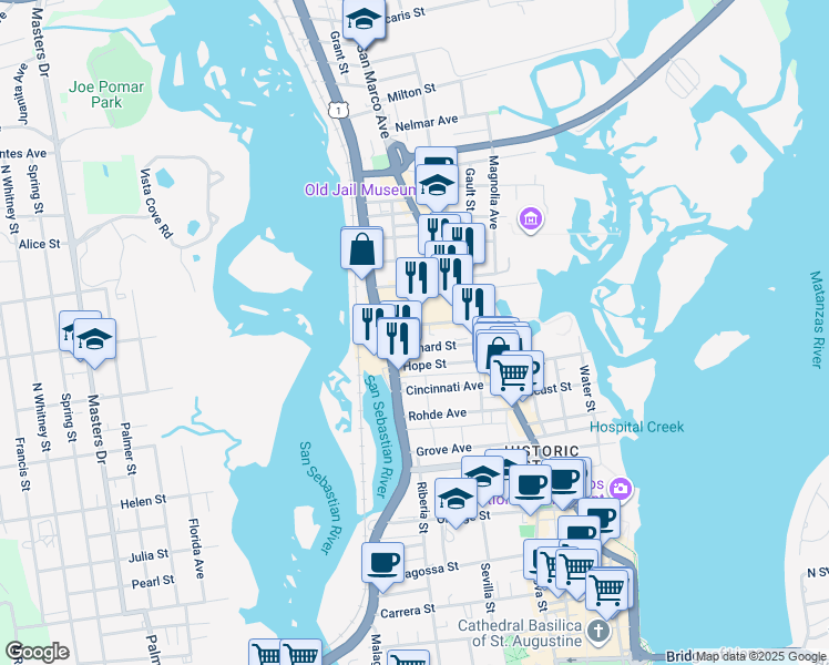 map of restaurants, bars, coffee shops, grocery stores, and more near 25A Old Mission Avenue in St. Augustine