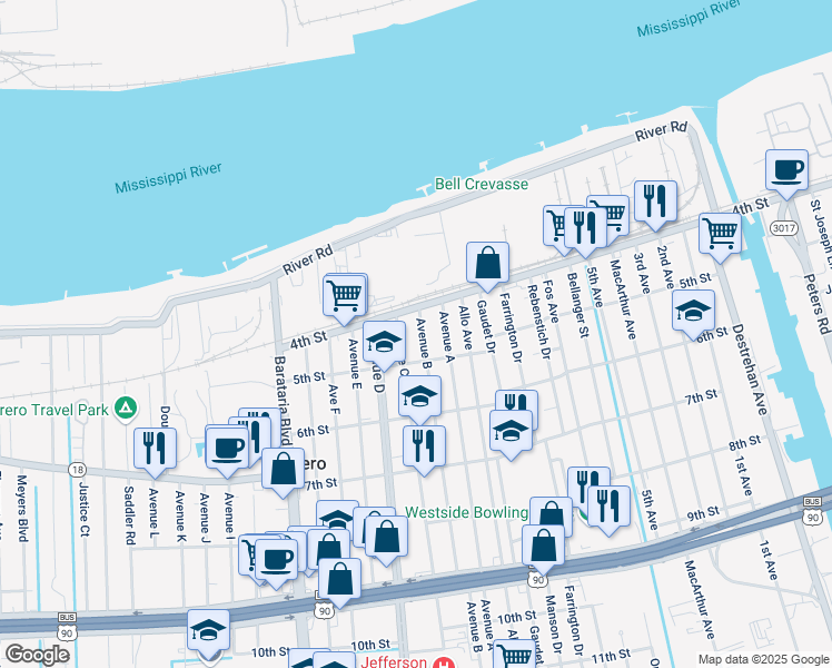 map of restaurants, bars, coffee shops, grocery stores, and more near 424 Avenue B in Marrero
