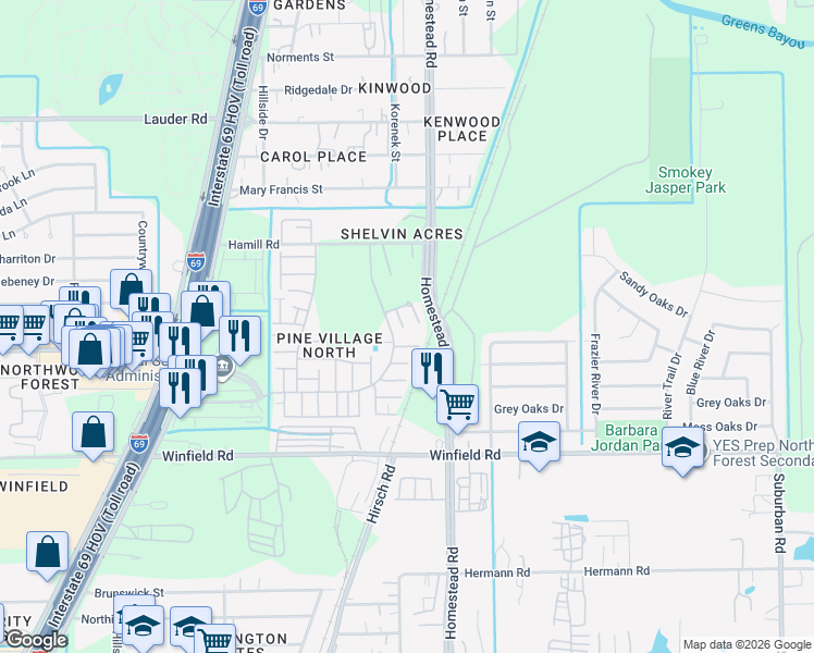 map of restaurants, bars, coffee shops, grocery stores, and more near 5810 Twisted Pine Court in Houston