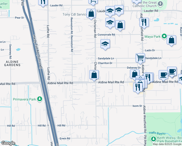 map of restaurants, bars, coffee shops, grocery stores, and more near 13201 Chrisman Road in Houston