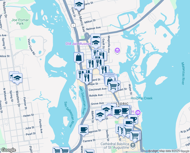map of restaurants, bars, coffee shops, grocery stores, and more near 25A Old Mission Avenue in St. Augustine