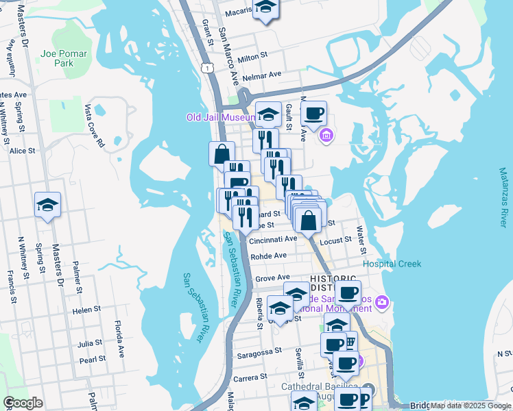 map of restaurants, bars, coffee shops, grocery stores, and more near 25A Old Mission Avenue in St. Augustine