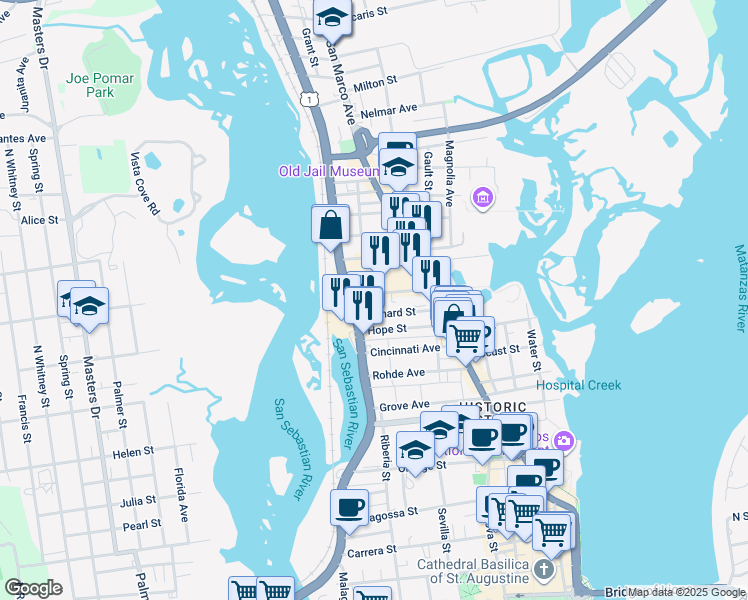 map of restaurants, bars, coffee shops, grocery stores, and more near 25A Old Mission Avenue in St. Augustine
