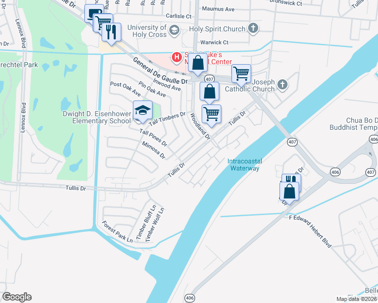 map of restaurants, bars, coffee shops, grocery stores, and more near 4042 Inwood Avenue in New Orleans