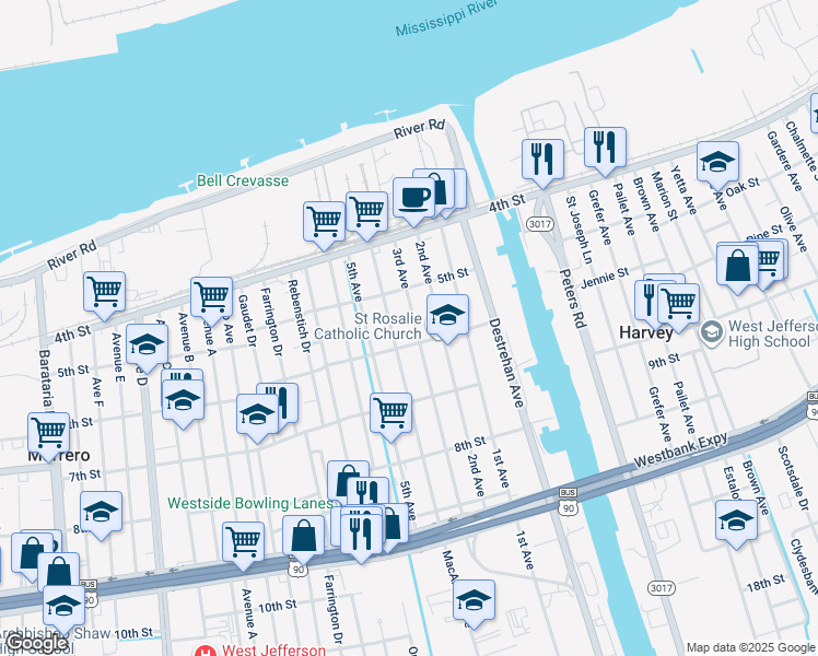 map of restaurants, bars, coffee shops, grocery stores, and more near 519 MacArthur Avenue in Harvey
