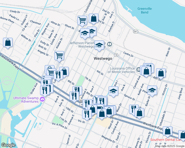map of restaurants, bars, coffee shops, grocery stores, and more near 716 Avenue E in Westwego