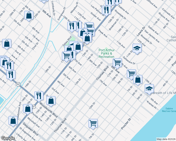 map of restaurants, bars, coffee shops, grocery stores, and more near 3501 12th Street in Port Arthur