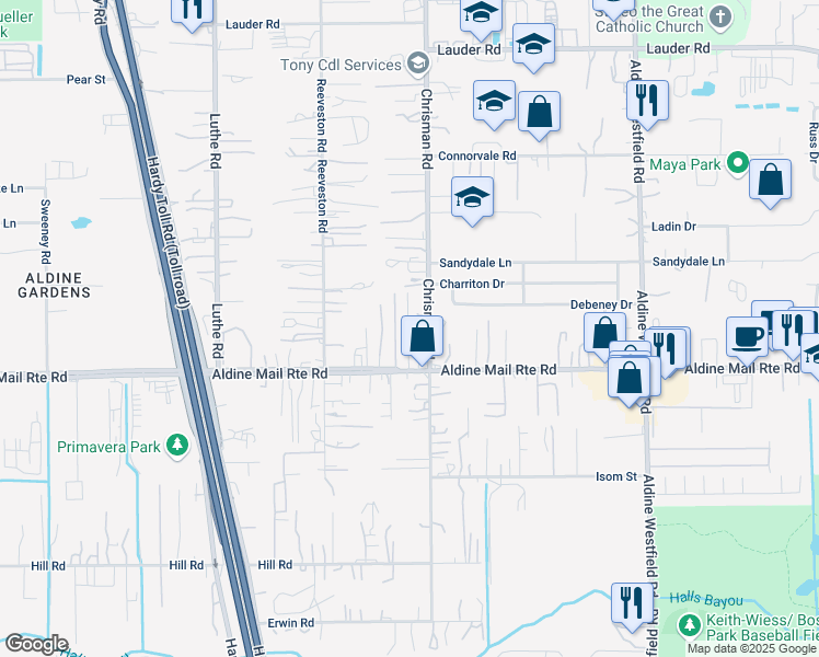 map of restaurants, bars, coffee shops, grocery stores, and more near 13201 Chrisman Road in Houston