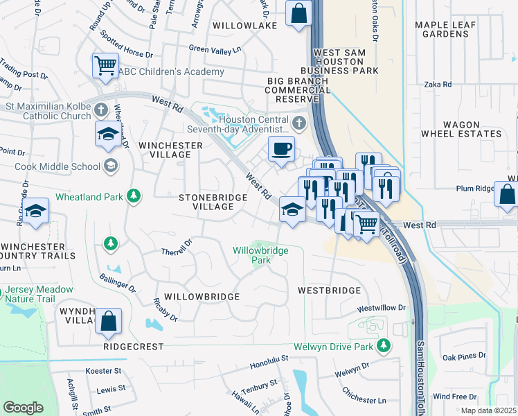 map of restaurants, bars, coffee shops, grocery stores, and more near 9211 State Walk Circle in Houston