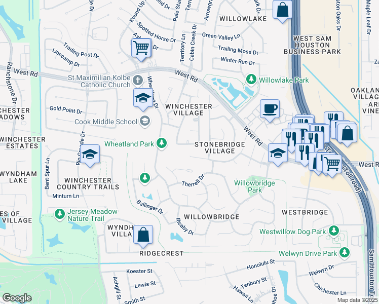 map of restaurants, bars, coffee shops, grocery stores, and more near 9823 Corral Corner Lane in Houston