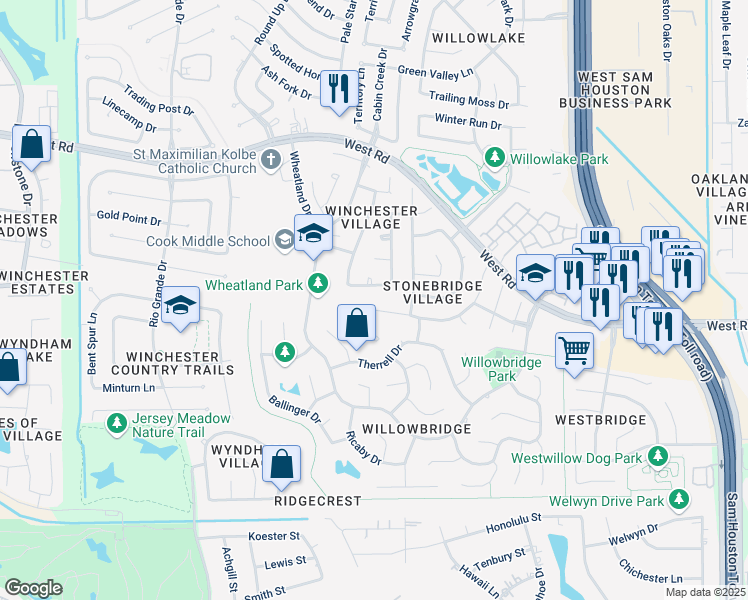 map of restaurants, bars, coffee shops, grocery stores, and more near 9823 Corral Corner Lane in Houston