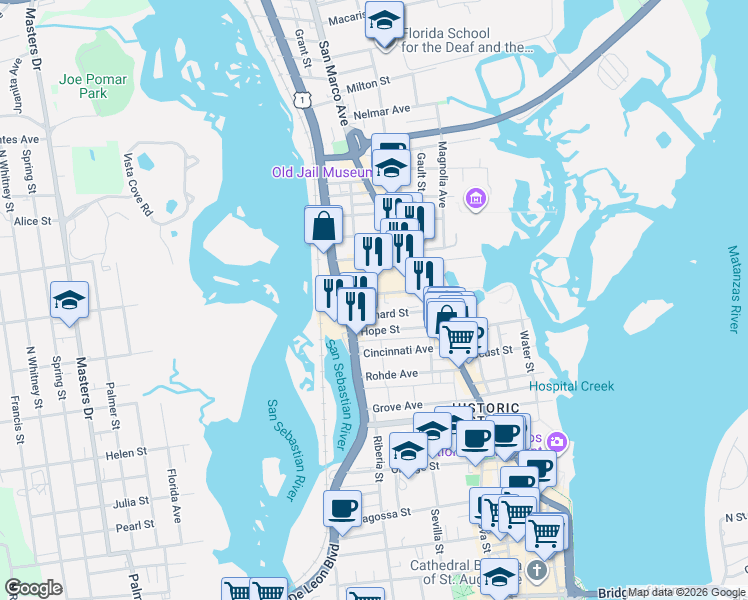 map of restaurants, bars, coffee shops, grocery stores, and more near 23 Old Mission Avenue in Saint Augustine