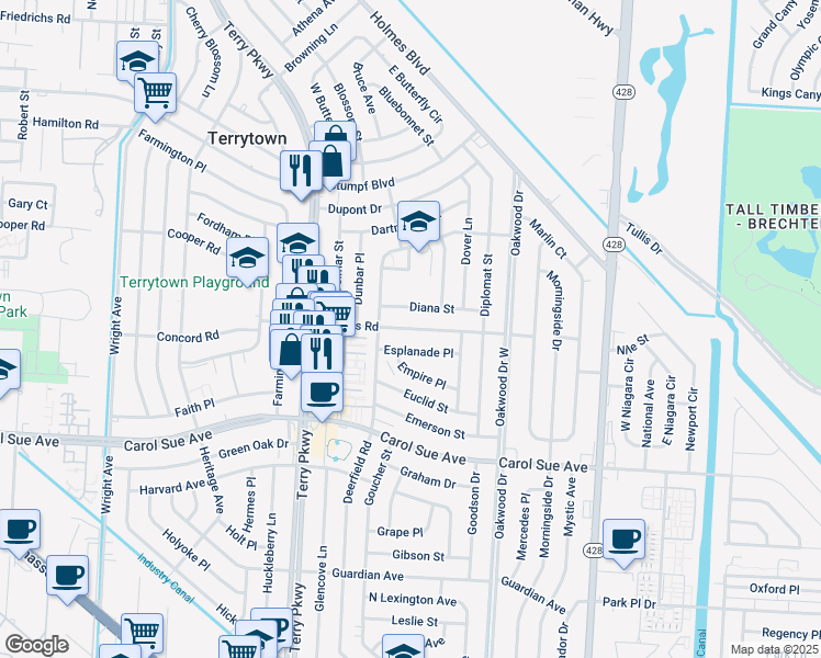 map of restaurants, bars, coffee shops, grocery stores, and more near 2125 Daniels Road in Terrytown