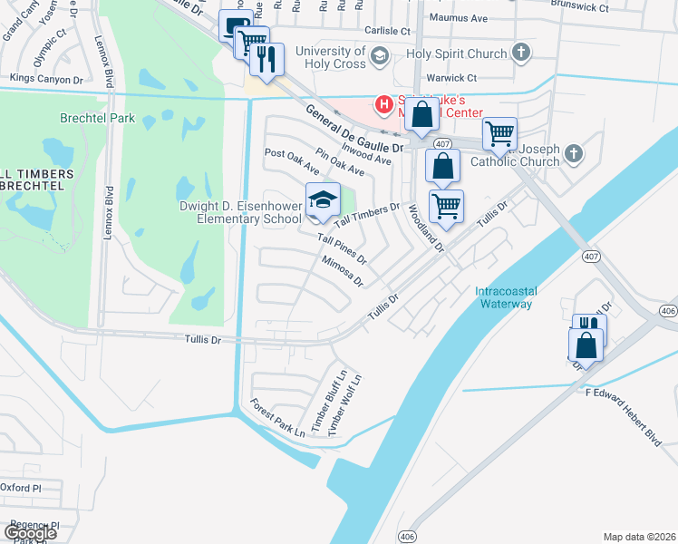 map of restaurants, bars, coffee shops, grocery stores, and more near 3853 Mimosa Drive in New Orleans