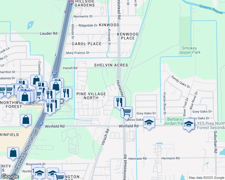 map of restaurants, bars, coffee shops, grocery stores, and more near 5810 Twisted Pine Court in Houston