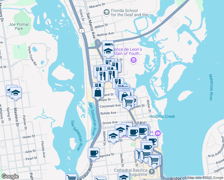 map of restaurants, bars, coffee shops, grocery stores, and more near 7 Old Mission Avenue in St. Augustine