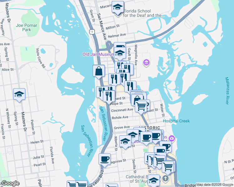 map of restaurants, bars, coffee shops, grocery stores, and more near 25A Old Mission Avenue in St. Augustine