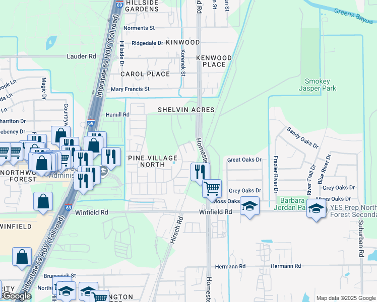 map of restaurants, bars, coffee shops, grocery stores, and more near 5822 Twisted Pine Court in Houston