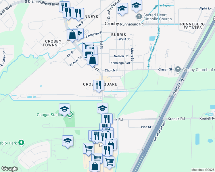 map of restaurants, bars, coffee shops, grocery stores, and more near 15016 Farm to Market 2100 in Crosby