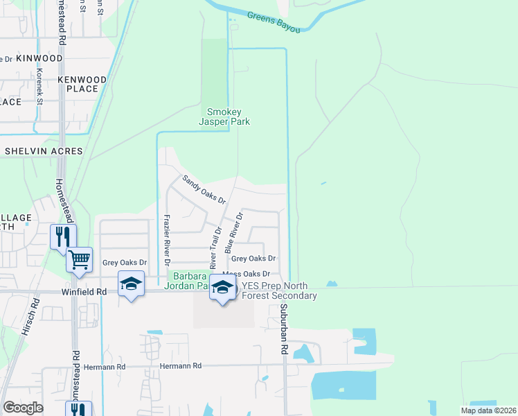map of restaurants, bars, coffee shops, grocery stores, and more near 6807 Sandy Oaks Drive in Houston