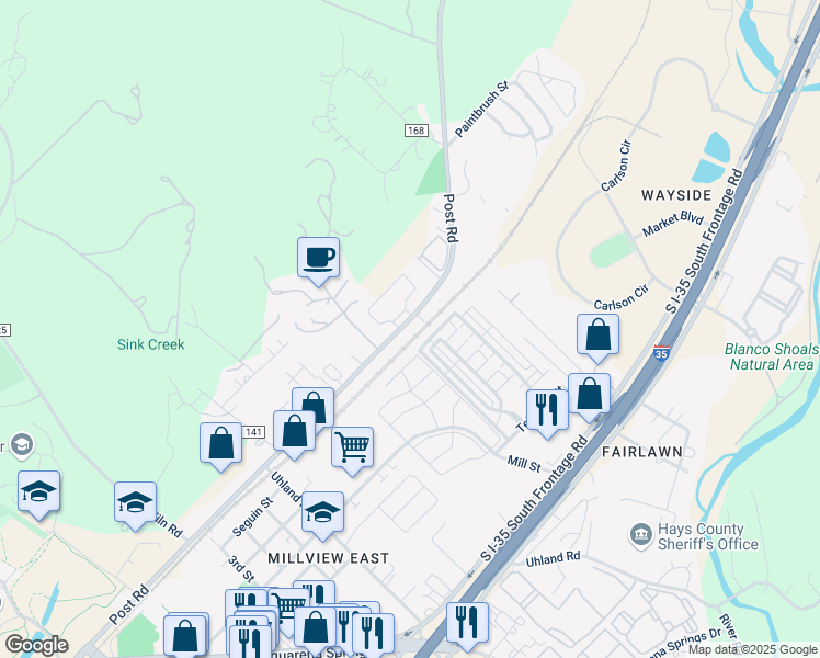map of restaurants, bars, coffee shops, grocery stores, and more near 1648 Post Road in San Marcos