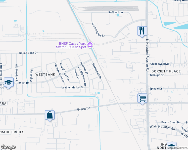 map of restaurants, bars, coffee shops, grocery stores, and more near 7515 Glassblower Lane in Houston