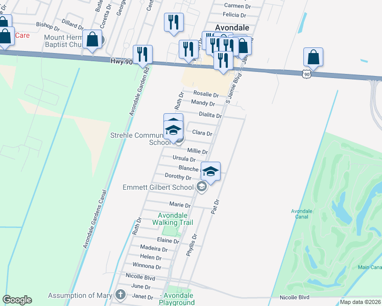 map of restaurants, bars, coffee shops, grocery stores, and more near 129 Millie Drive in Avondale